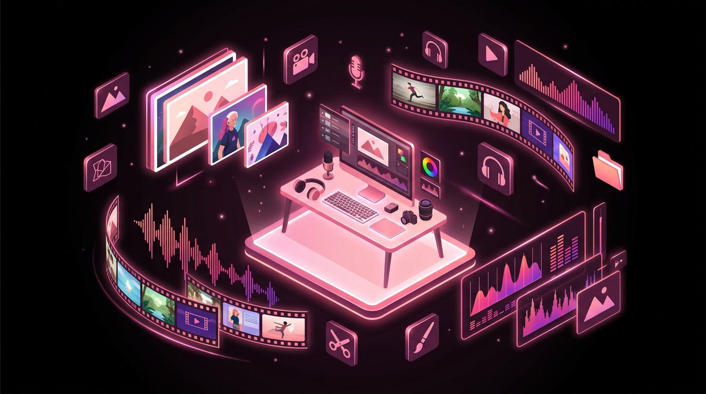 多媒体创作者工作台 —— 图片、视频、音频素材环绕中心工位